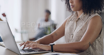 Buy stock photo Hands, laptop and typing with project at startup for review, editing process or proposal at media company. Person, writer and computer with article, story or report with deadline at creative agency