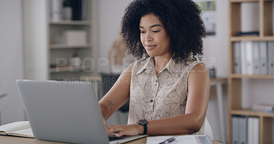 Buy stock photo Laptop, typing and businesswoman in office with research for creative project with online email. Smile, technology and female magazine editor working on article with publishing at startup agency.