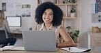 Media agency, portrait and woman with laptop, smile and check facts for news report. Happy person, creativity and journalist with pc, planning or magazine editor with pride and research for article