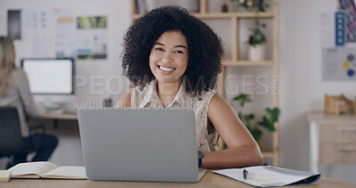 Buy stock photo Media agency, portrait and woman with laptop, smile and check facts for news report. Happy person, creativity and journalist with pc, planning or magazine editor with pride and research for article