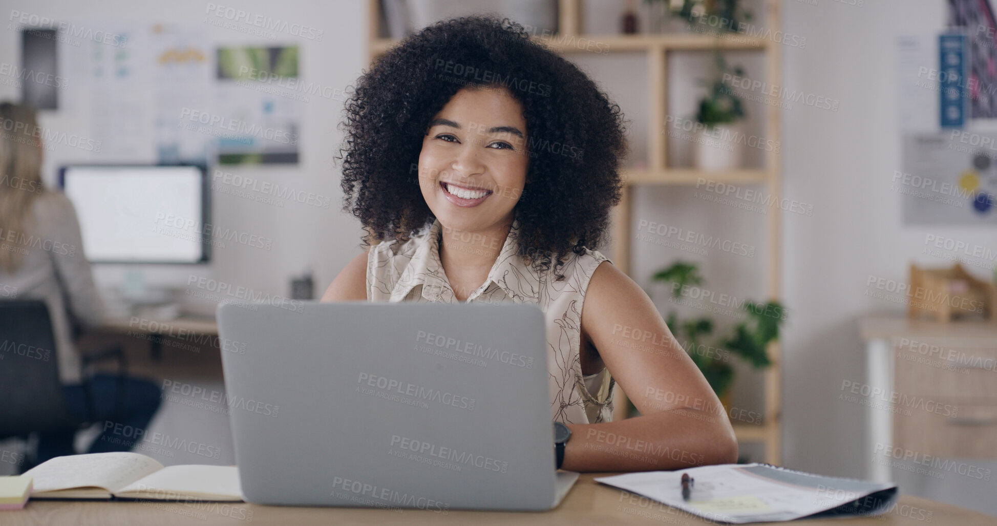 Buy stock photo Media agency, portrait and woman with laptop, smile and check facts for news report. Happy person, creativity and journalist with pc, planning or magazine editor with pride and research for article