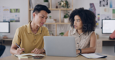 Buy stock photo Creative, meeting and people with laptop, online or performance review of digital ads and discussion. Media buyer, planning and collaboration with tech for project, strategy and campaign on website