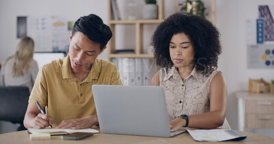 Buy stock photo Media agency, laptop and people in meeting, teamwork and feedback for news report. Magazine editor, internet and journalists with cooperation and tech for email, editing and proposal for article