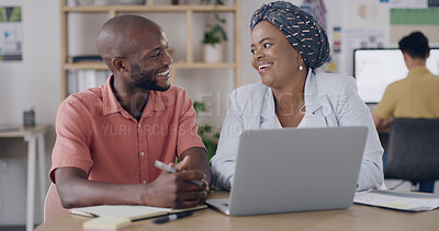 Buy stock photo Team, laughing and people with laptop, online and performance review of digital ads and conversation. Media buyer, meeting and collaboration with tech for project, strategy and campaign on website