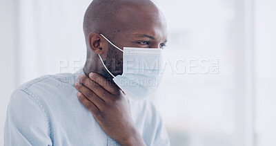 Buy stock photo Face mask, sore throat and black man with illness, sick and inflammation with disease. Cough, bacteria infection and African person with bronchitis, medical issue and asthma allergy with Covid virus