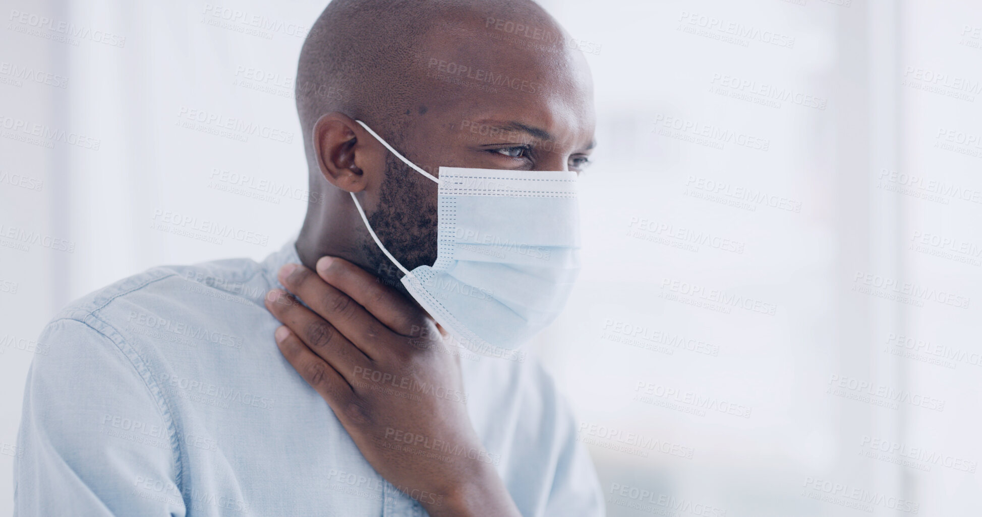 Buy stock photo Face mask, sore throat and black man with illness, sick and inflammation with disease. Cough, bacteria infection and African person with bronchitis, medical issue and asthma allergy with Covid virus