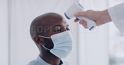 Buy stock photo Thermometer, face mask and hands of doctor with man in hospital for fever at medical consultation. Temperature test, checkup and healthcare worker with male patient for virus screening in clinic.