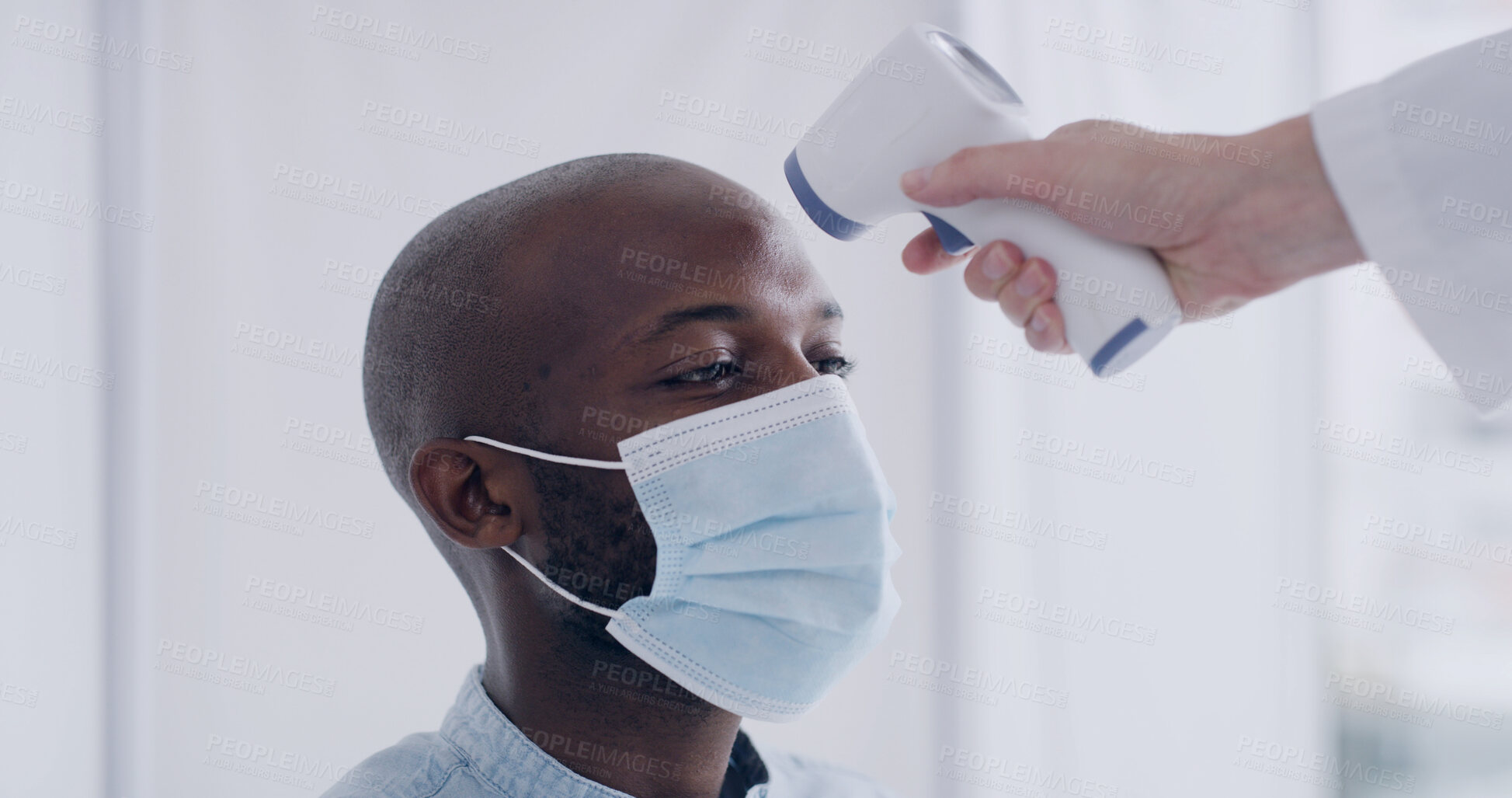 Buy stock photo Thermometer, face mask and hands of doctor with man in hospital for fever at medical consultation. Temperature test, checkup and healthcare worker with male patient for virus screening in clinic.