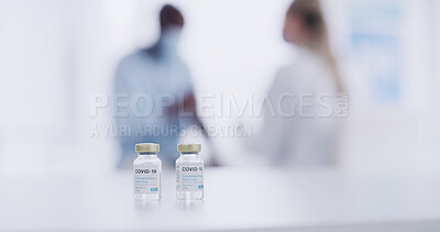 Buy stock photo Vaccine, vials and medicine for covid 19 in hospital, bottles and immunization for patient and space. Pharmaceutical, healthcare and booster for disease prevention, people and treatment for wellness