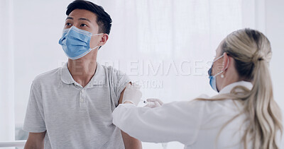 Buy stock photo Scared man, doctor and injection for flu vaccine, immune system booster and face mask at clinic. Woman, medical professional and patient with ppe, fear or pharmaceutical shot for wellness at hospital