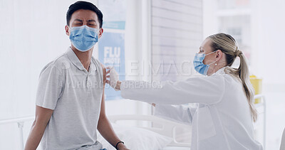 Buy stock photo Man, doctor and injection for flu vaccine at clinic, scared or immune system booster with face mask. Woman, medical professional and patient with ppe, fear or pharmaceutical for wellness at hospital