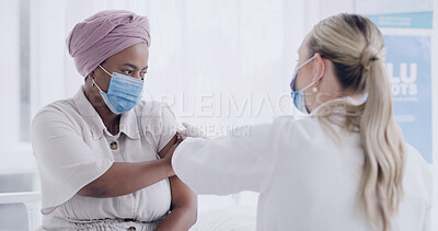 Buy stock photo Injection, doctor or woman with vaccine in clinic for flu prevention, immune booster or protection. Health mask, professional and patient on hospital bed for influenza shot, immunization and checkup