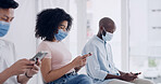People, phone or scroll in waiting room for doctor, medical consultation or covid test consent form. Patient, masks or typing with tech for healthcare registration, viral infection symptoms and info.