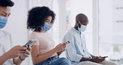 Buy stock photo People, phone or scroll in waiting room for doctor, medical consultation or covid test consent form. Patient, masks or typing with tech for healthcare registration, viral infection symptoms and info.