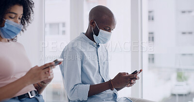 Buy stock photo People, phone or typing in waiting room for doctor, medical consultation or covid test consent form. Patient, masks or scroll with tech for healthcare registration, viral infection symptoms and info.