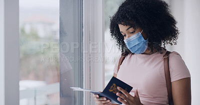 Buy stock photo Airport, face mask and woman with passport, travel and safety with compliance. Tourism, protection and person with book, journey and adventure with booking, flight and Covid rules with vacation info