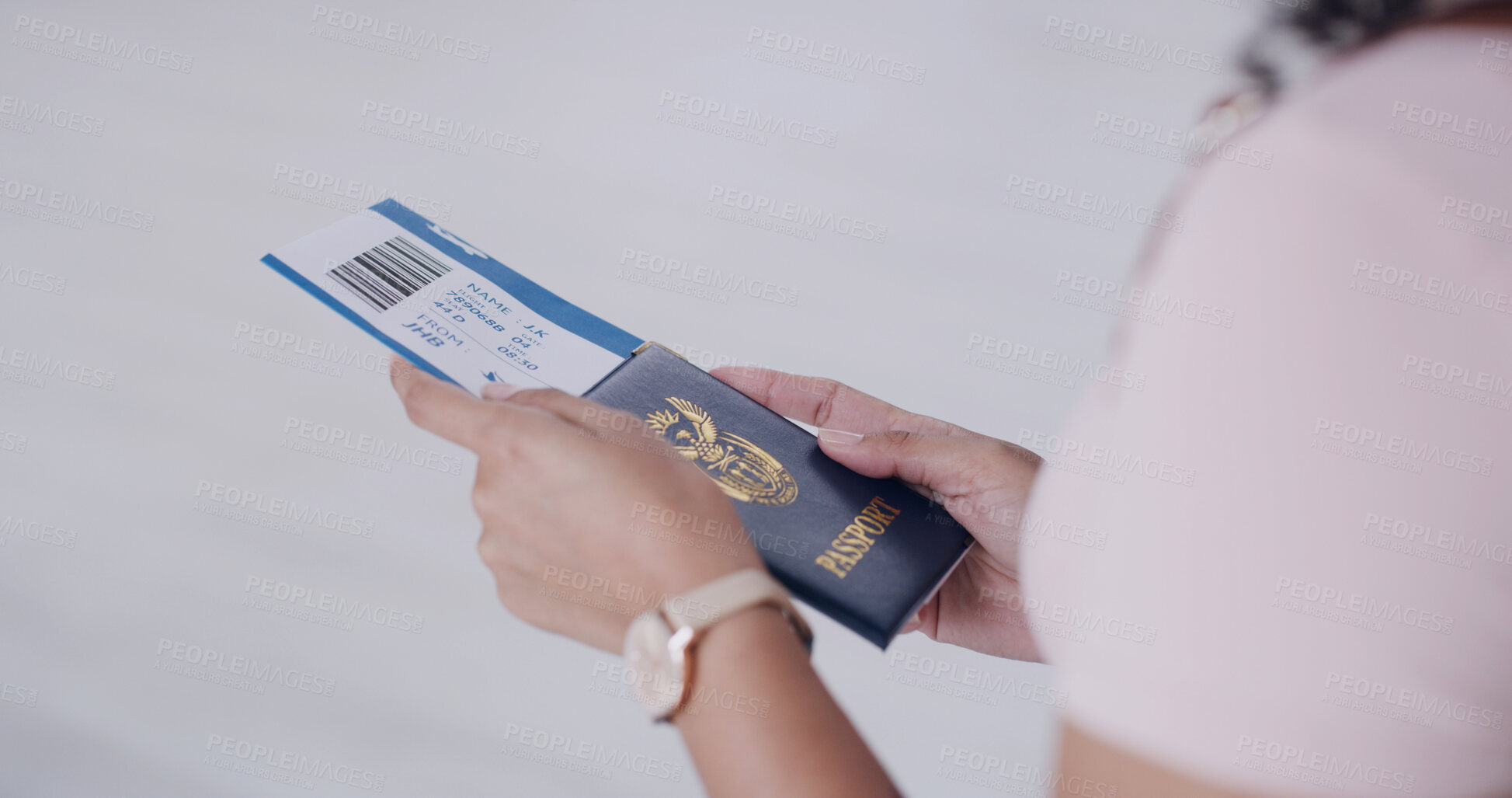 Buy stock photo Woman, hands or passport in airport with ticket for travel adventure, holiday and international trip. Person, ID or boarding pass at terminal for vacation, flight check in or immigration information.