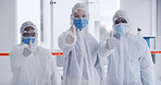 Portrait, people and scientist thumbs up with hazmat suit for agreement, disinfection and team success. Staff, safety gear and yes of contamination control, prevent infection and biohazard protection