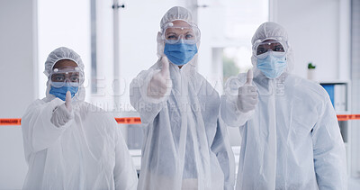 Buy stock photo Portrait, people and scientist thumbs up with protective suit for agreement, disinfection and team success. Staff, safety gear or yes of contamination control, prevent infection and health protection