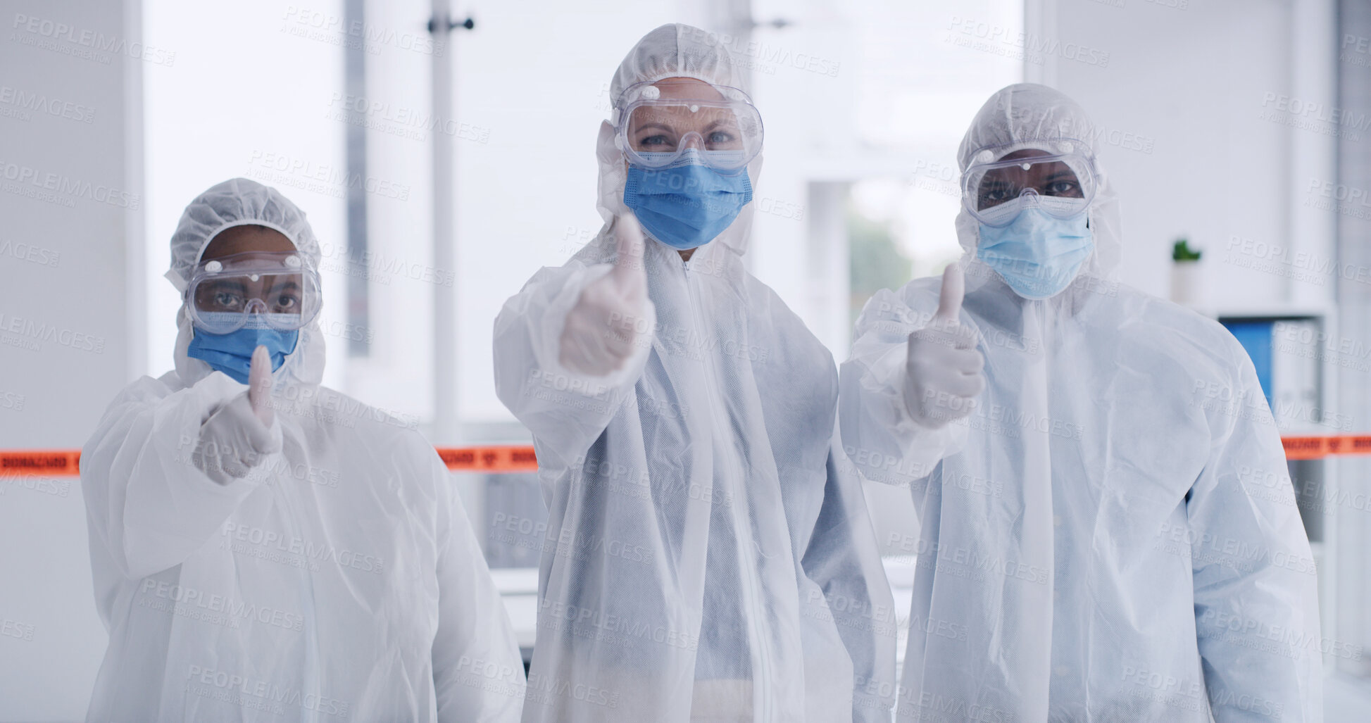 Buy stock photo Portrait, people and scientist thumbs up with protective suit for agreement, disinfection and team success. Staff, safety gear or yes of contamination control, prevent infection and health protection