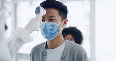 Buy stock photo Thermometer, face mask and hands of nurse with man in hospital for fever at medical consultation. Temperature test, checkup and healthcare worker with male patient for virus screening in clinic.