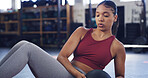 Strong, medicine ball and fitness with woman in gym for ab exercise, health and challenge. Strength training, bodybuilder and workout with person in sports club and equipment for athlete and core