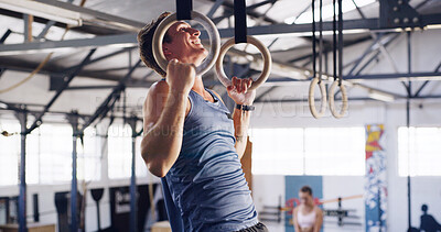 Buy stock photo Smile, man and pull up with gymnastics rings for fitness, exercise and training for body strength. Male person, equipment and intense workout for weightlifting, muscle endurance and power challenge