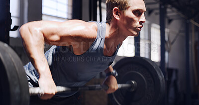 Buy stock photo Man, fitness or weightlifting with barbell in gym for muscle gain, strength or intense workout. Active, male person or lifting weight for physical challenge, power training or exercise in health club