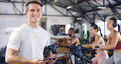 Buy stock photo Portrait, man and tablet with people in spin class for fitness results, schedule session and progress. Coach, digital app and tracking of cycling exercise, training performance and workout management