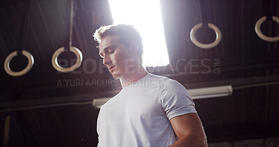 Buy stock photo Below, thinking and man with rings for gymnastics fitness, exercise and planning for training. Thoughts, male person and equipment for sports workout, preparation and decision for balance competition