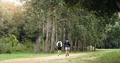 Buy stock photo Running, nature and back of couple for fitness, exercise and cardio workout together in morning. Forest, hiking trail and man with woman training for wellness, health and challenge outdoor for hobby