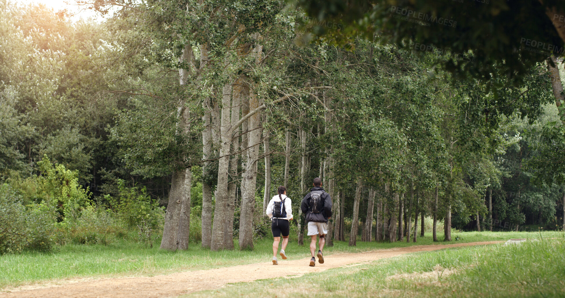 Buy stock photo Running, nature and back of couple for fitness, exercise and cardio workout together in morning. Forest, hiking trail and man with woman training for wellness, health and challenge outdoor for hobby