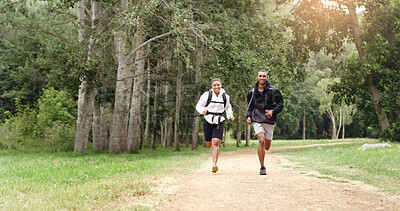 Buy stock photo Running, morning and couple in forest for fitness, exercise and cardio workout together outdoor. Nature, hiking trail and happy man and woman training for wellness, health and challenge for hobby