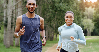Buy stock photo Fitness, happy couple and running in forest for health, funny laugh or training outdoor. Man, woman or trail runner in woods for cardio workout, endurance exercise or practice in nature with portrait