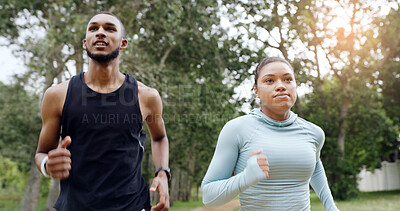 Buy stock photo Fitness, couple and running at park for workout, wellness and training for marathon together. Man, woman and runner outdoor for cardio challenge, endurance exercise and practice in nature for health
