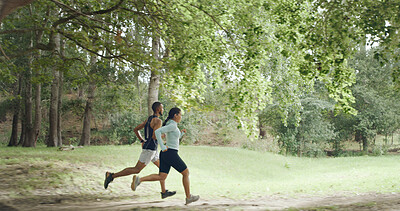 Buy stock photo Athlete, couple and running outdoor for fitness, team exercise and cardio training. People, runner and sports workout with endurance challenge, marathon practice and wellness competition in nature