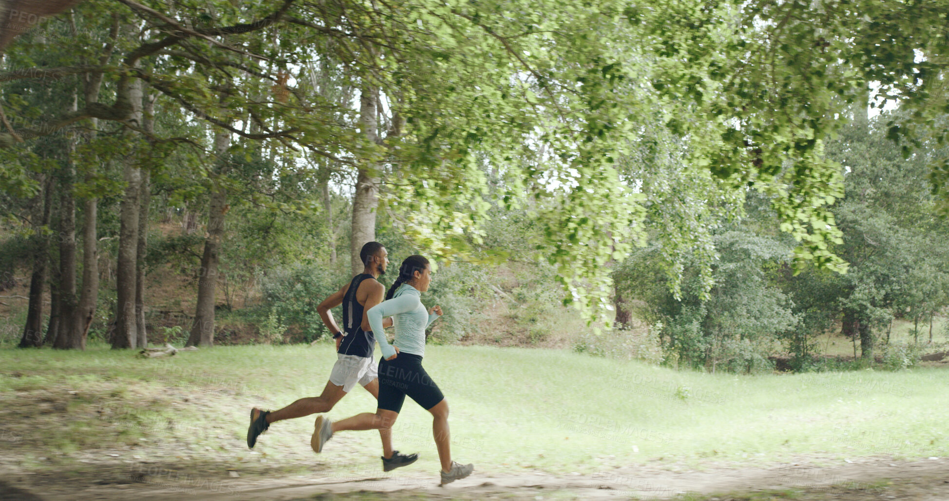 Buy stock photo Athlete, couple and running outdoor for fitness, team exercise and cardio training. People, runner and sports workout with endurance challenge, marathon practice and wellness competition in nature