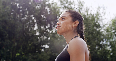 Buy stock photo Thinking, active or woman in nature for fitness mindset, healthy body goals or exercise idea. Reflection, female person outdoor or getting ready for cardio workout, wellness or contemplating training