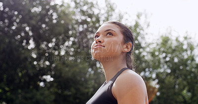 Buy stock photo Thinking, active or woman outdoor for fitness mindset, healthy body goals or exercise idea. Reflection, female person or getting ready in nature for cardio workout, wellness or contemplating training