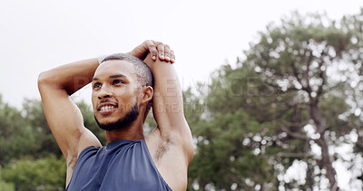 Buy stock photo Fitness, stretching and man outdoor in nature for exercise, space and training with a smile. Male athlete, start arm muscle warm up and happy at park for workout, wellness and thinking of health
