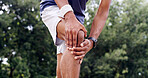 Athlete, hands and man with knee pain outdoor from sports injury, muscle tension and workout strain. Fitness, runner and kneecap discomfort in nature with joint inflammation, exercise sprain or cramp