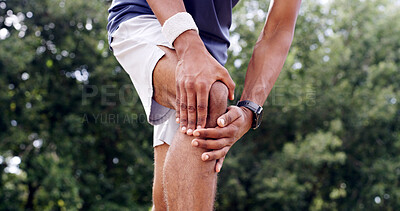 Buy stock photo Athlete, hands and man with knee pain outdoor from sports injury, muscle tension and workout strain. Fitness, runner and kneecap discomfort in nature with joint inflammation, exercise sprain or cramp