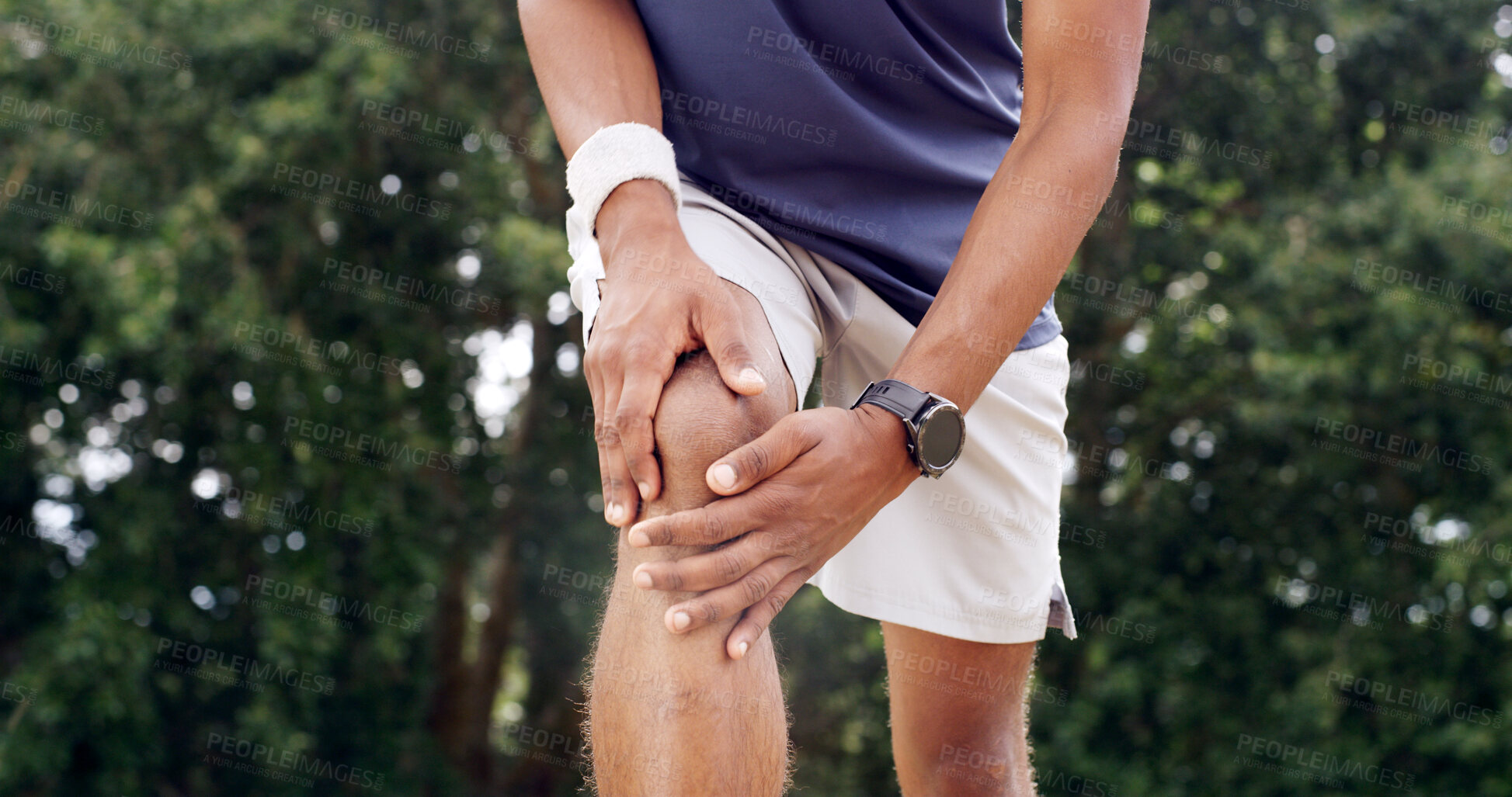 Buy stock photo Fitness, hands and man with knee pain outdoor from sports injury, muscle fatigue and workout strain. PFPS, runner and kneecap dislocation in nature with joint inflammation, exercise sprain and bokeh