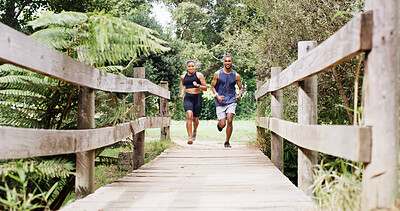 Buy stock photo Athlete, couple and running on bridge for fitness, team exercise and cardio training. People, runner and sports workout with endurance challenge, marathon practice and wellness competition in nature