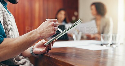 Buy stock photo Meeting, tablet and hands of business man in office for planning, project research or digital notes. Startup, creative team and person on tech with stylus for online proposal, web review and feedback