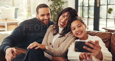 Buy stock photo Parents, girl and selfie on sofa with love, smile and bonding for memory in living room at house. People, photography and happiness for profile picture, post for love and social media at family home