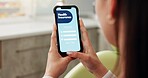 Hands, person and phone screen in dentist clinic for health insurance, application and sign in. Woman, patient and mobile app for website, dental membership and registration information on oral cover