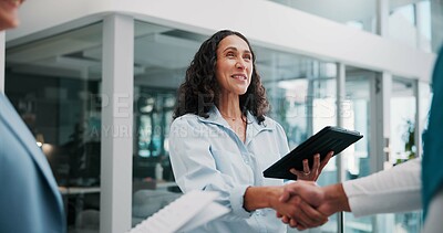 Buy stock photo Handshake, doctor and woman in workplace, meeting and welcome with introduction, smile and hello. People, healthcare and employees with greeting, shaking hands and thank you with cooperation