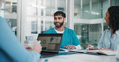 Buy stock photo People, laptop and doctor in meeting, medical team and cooperation with innovation. Employees, research and group in hospital, conversation and healthcare with support, planning and feedback