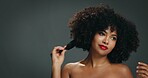 Banner, hair and thinking with woman on studio space for beauty, cosmetics or makeup ideas. Afro, mockup and vision with African model isolated on gray background for haircare results or treatment